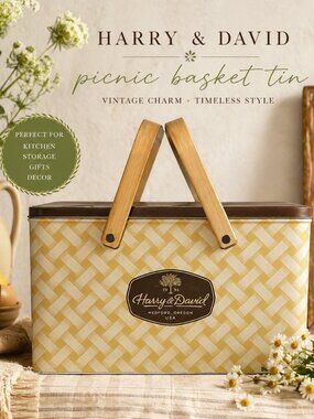 Harry & David Yellow Picnic Basket Tin with Wooden Handles
